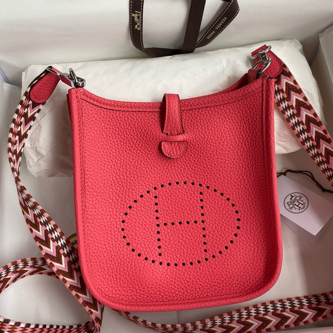 H**mes evelyne mini handmade bag in rose lipstick clemence leather