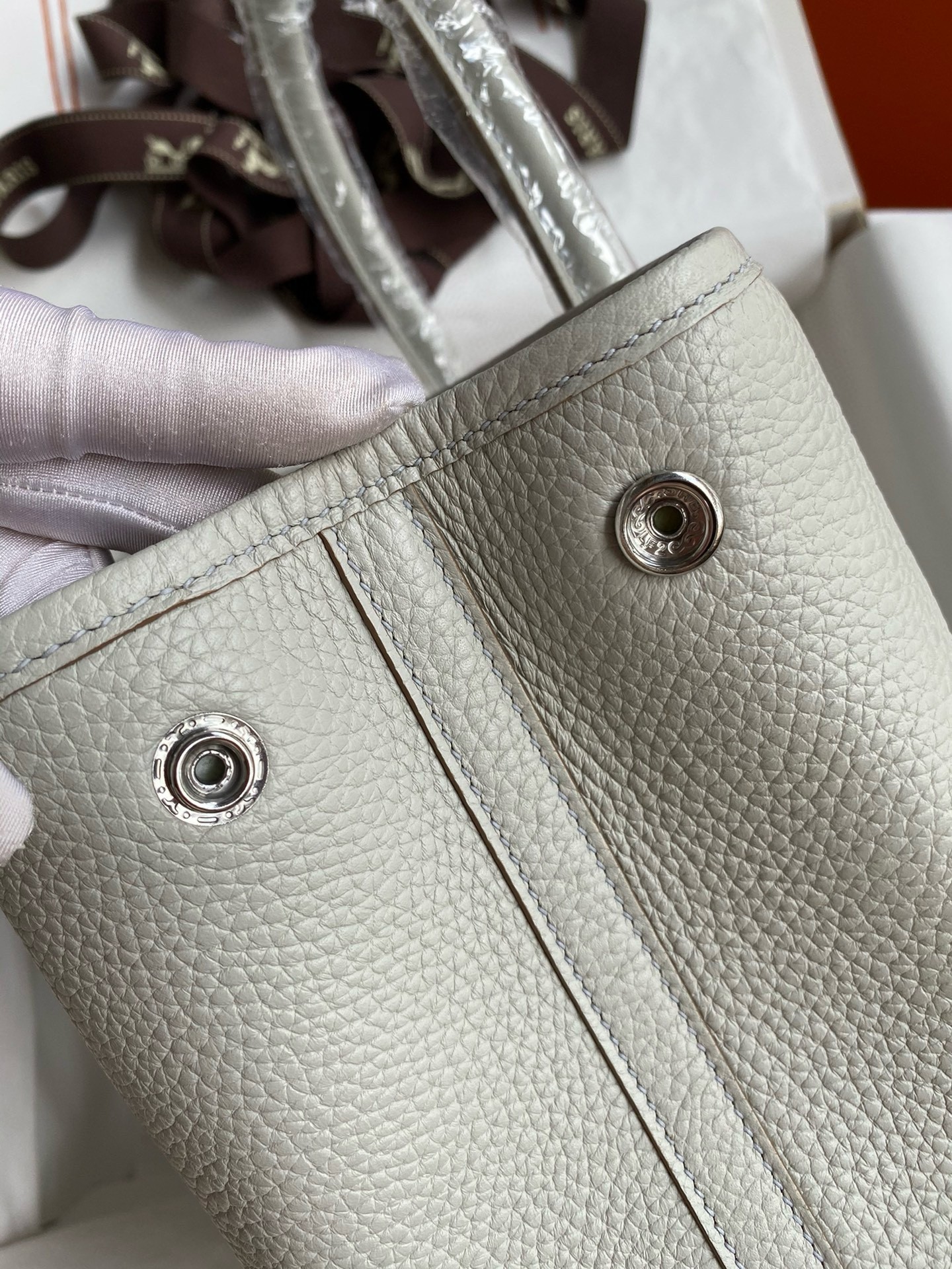 H**mes garden party 30 handmade bag in pearl grey clemence leather