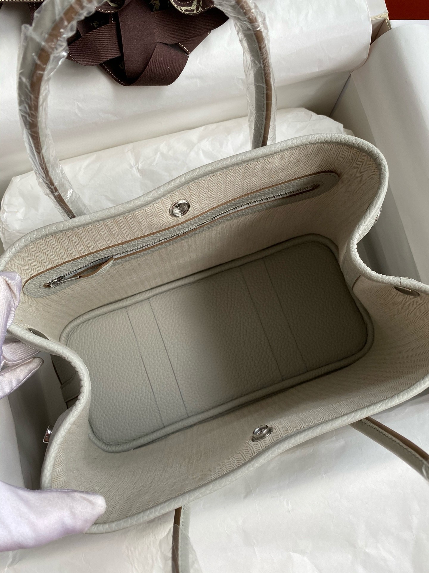 H**mes garden party 30 handmade bag in pearl grey clemence leather