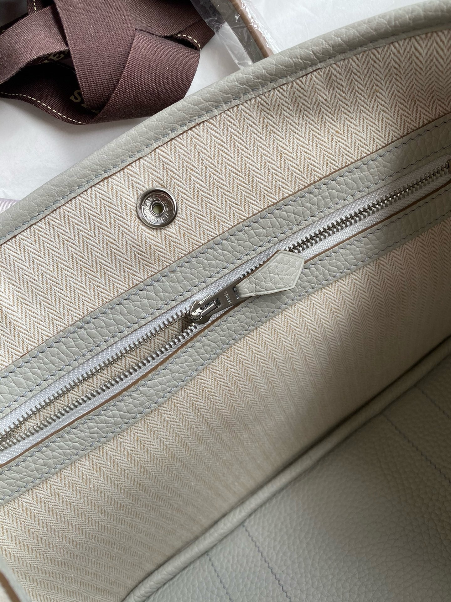 H**mes garden party 30 handmade bag in pearl grey clemence leather