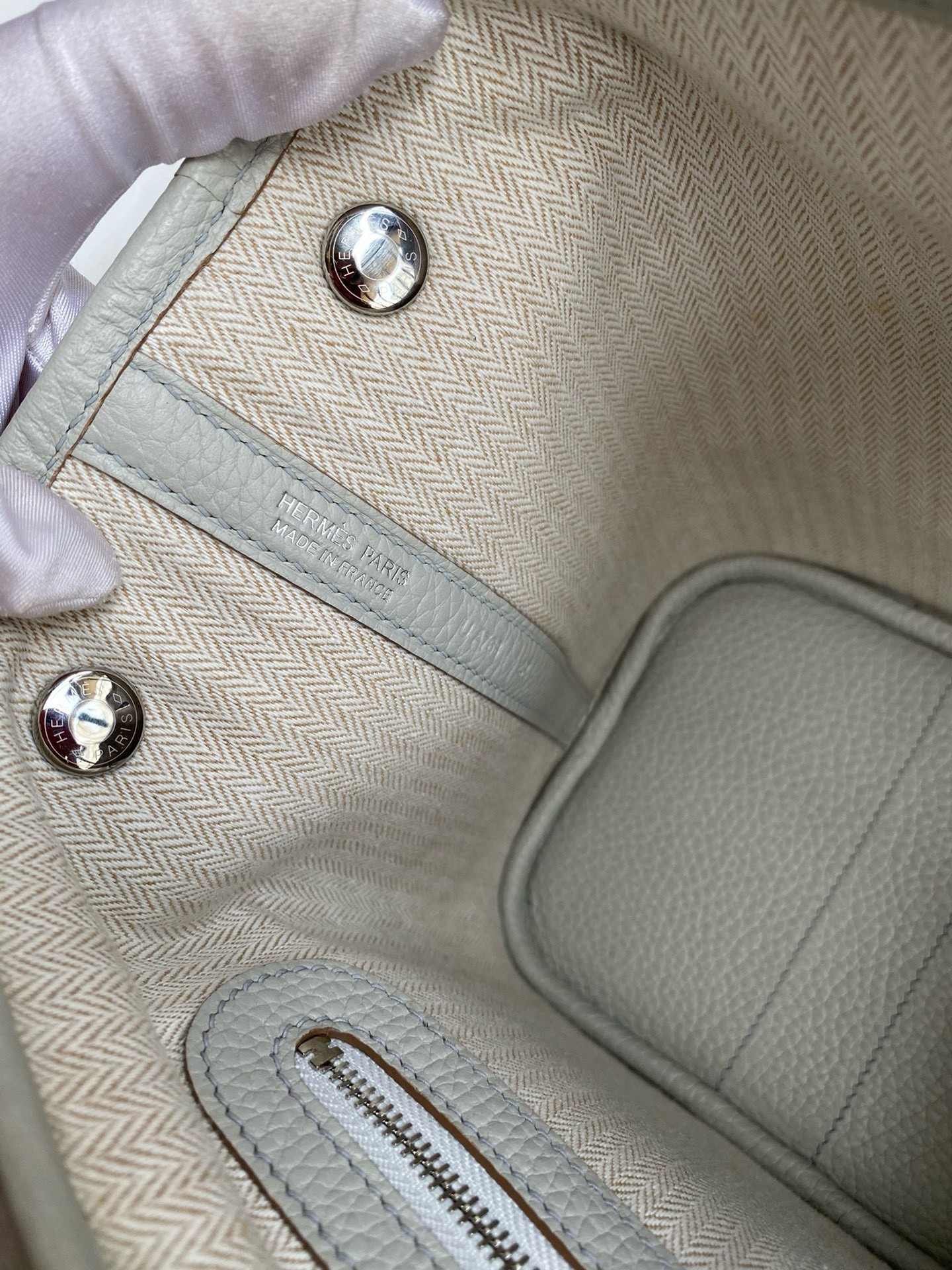 H**mes garden party 30 handmade bag in pearl grey clemence leather
