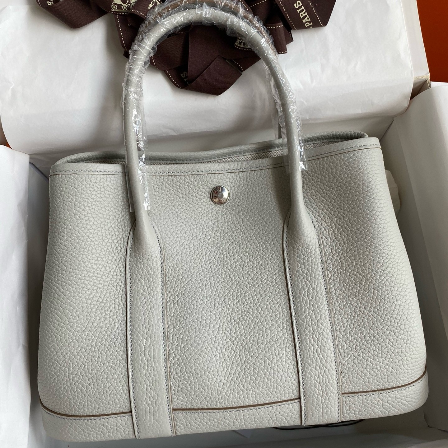 H**mes garden party 30 handmade bag in pearl grey clemence leather