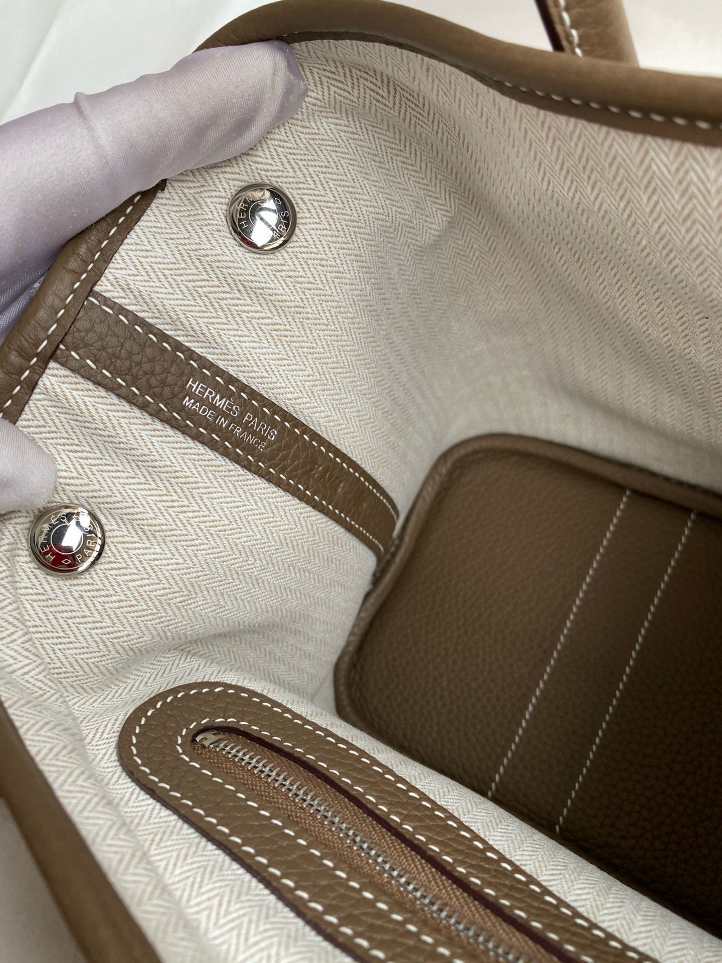 H**mes garden party 30 handmade bag in taupe clemence leather