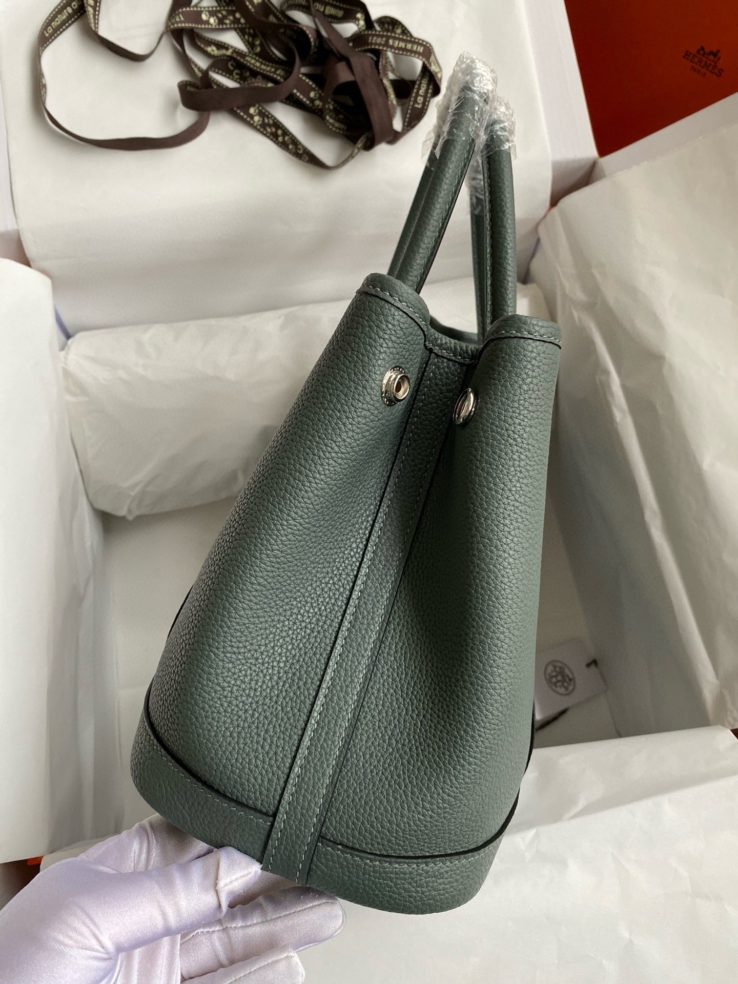 H**mes garden party 30 handmade bag in vert amande clemence leather