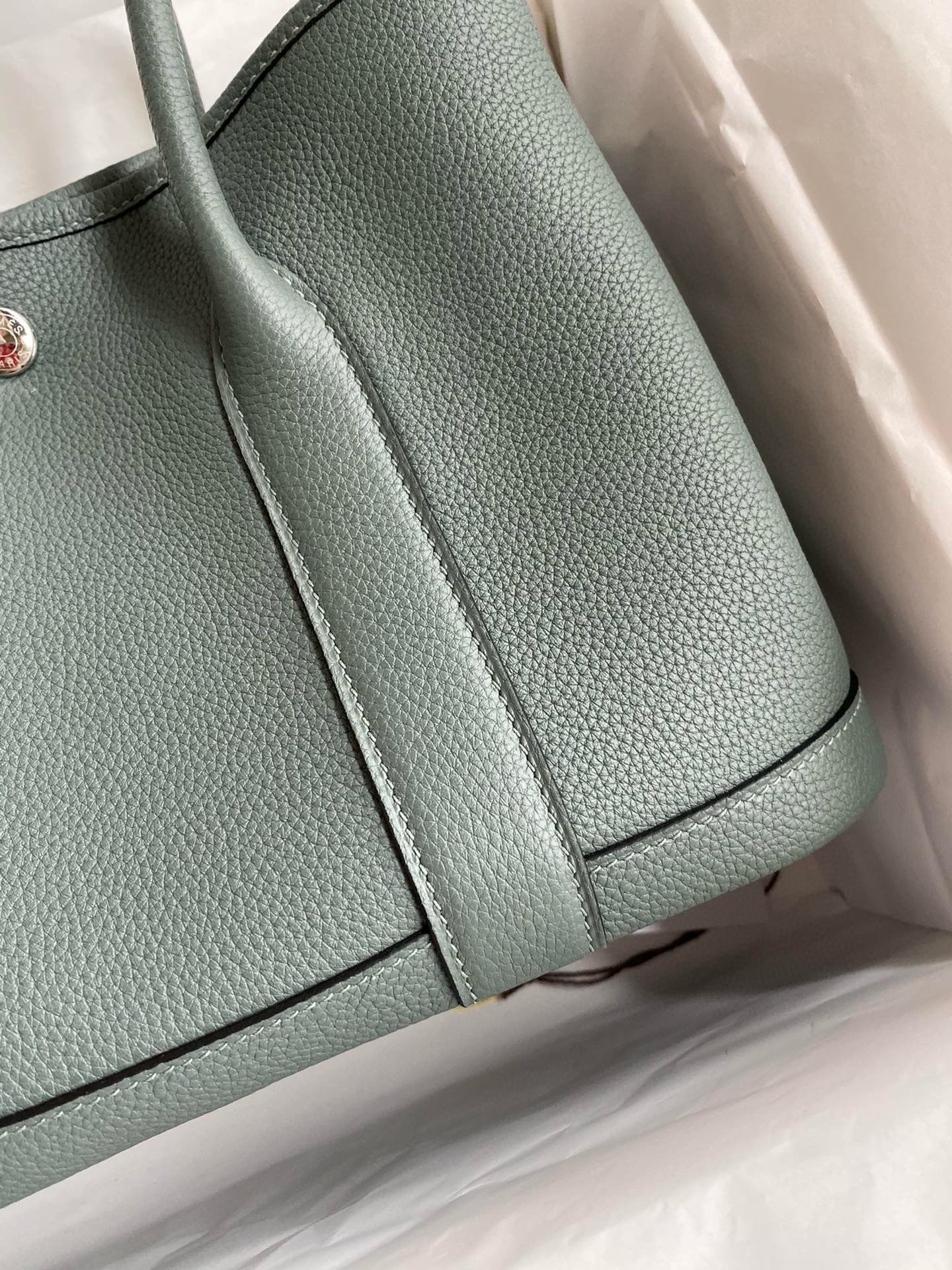 H**mes garden party 30 handmade bag in vert amande clemence leather