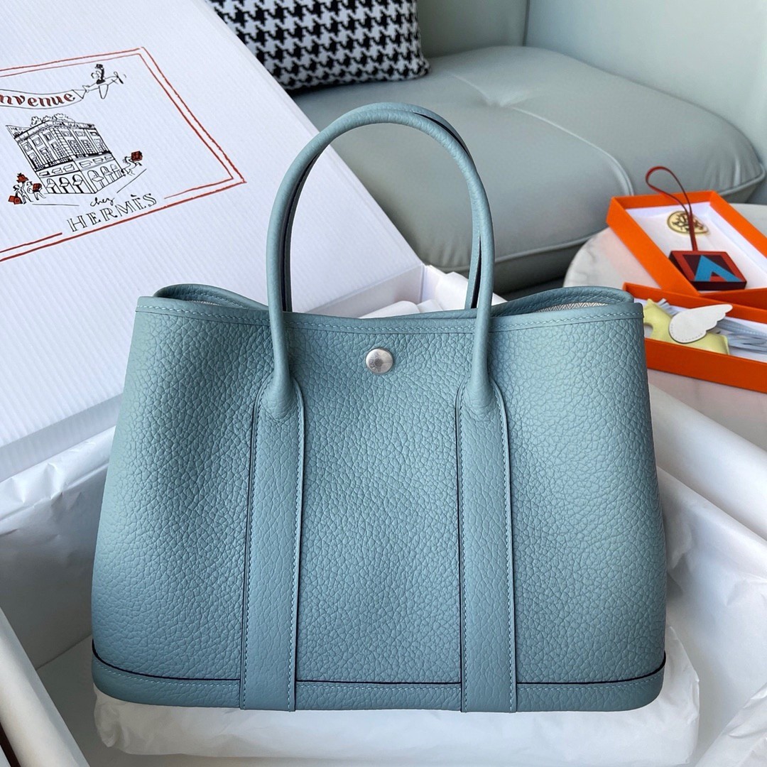 H**mes garden party 30 handmade bag in ciel negonda leather
