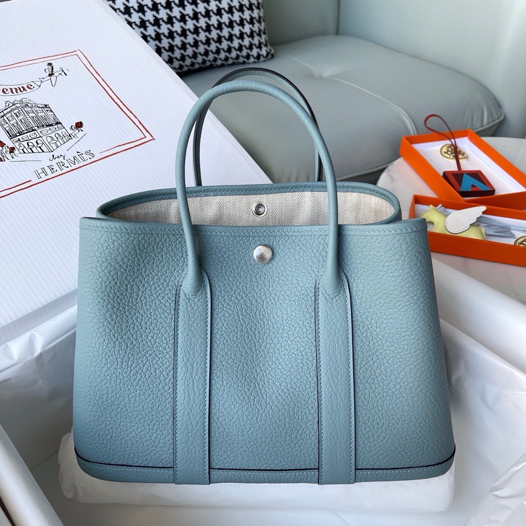 H**mes garden party 30 handmade bag in ciel negonda leather