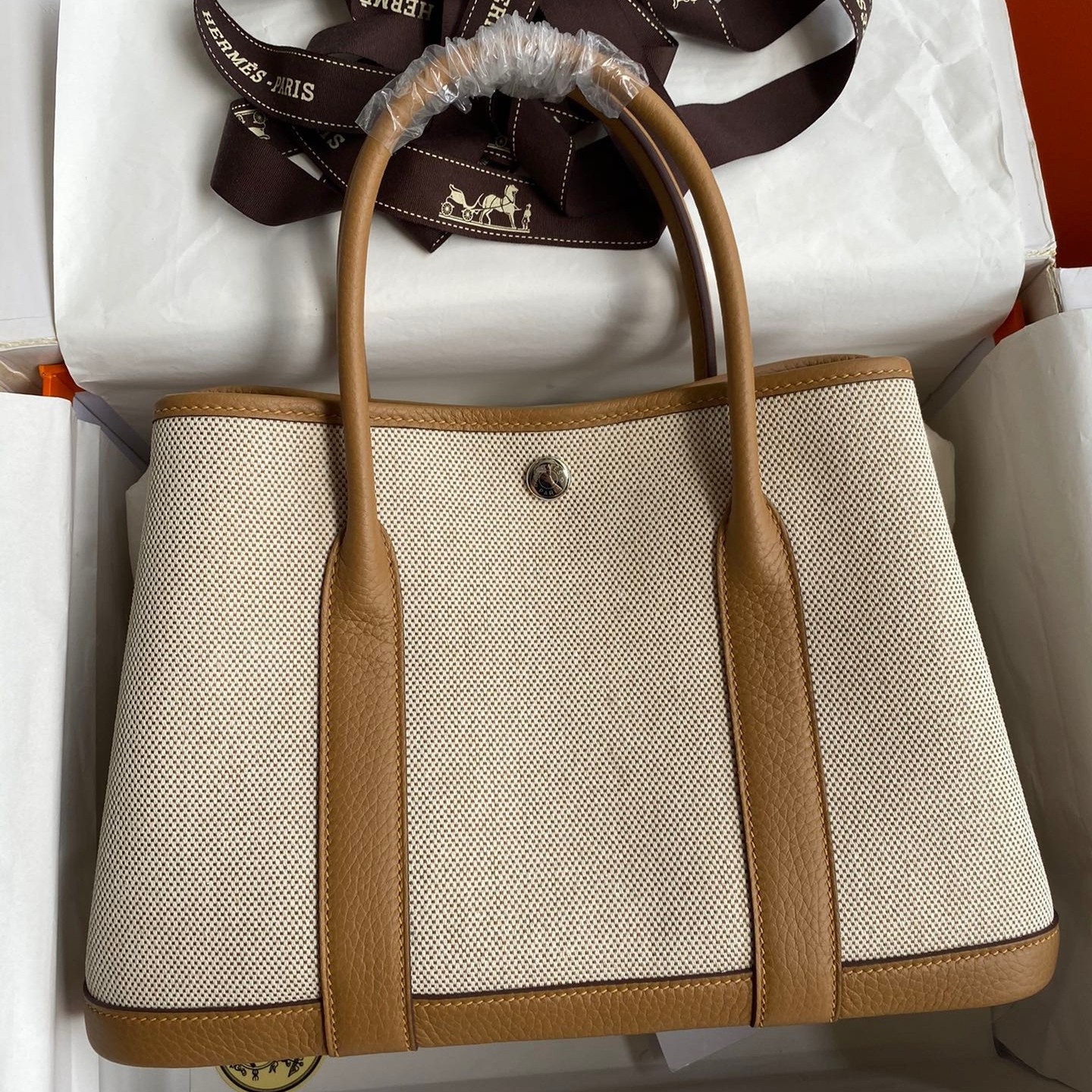 H**mes garden party 30 handmade bag in toile and biscuit leather