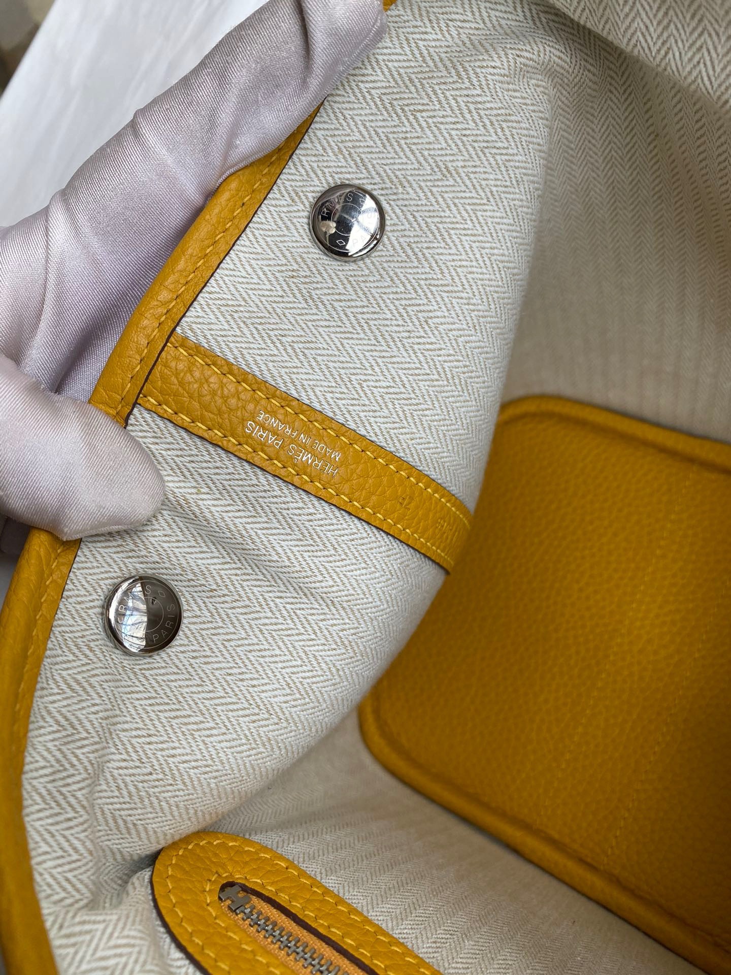 H**mes garden party 30 handmade bag in toile and yellow leather