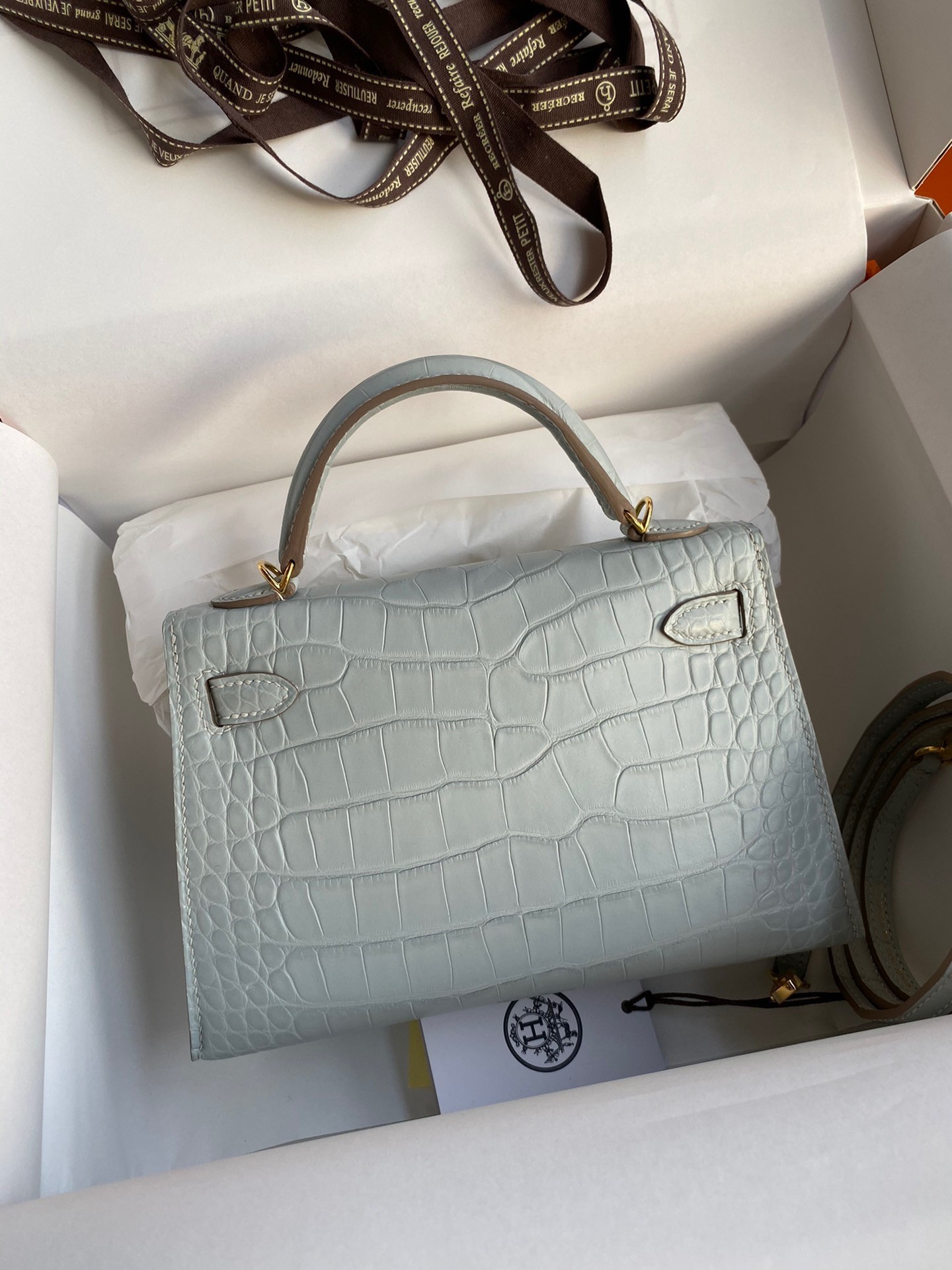 H**mes kelly mini ii sellier handmade bag in blue glacier matte alligator leather