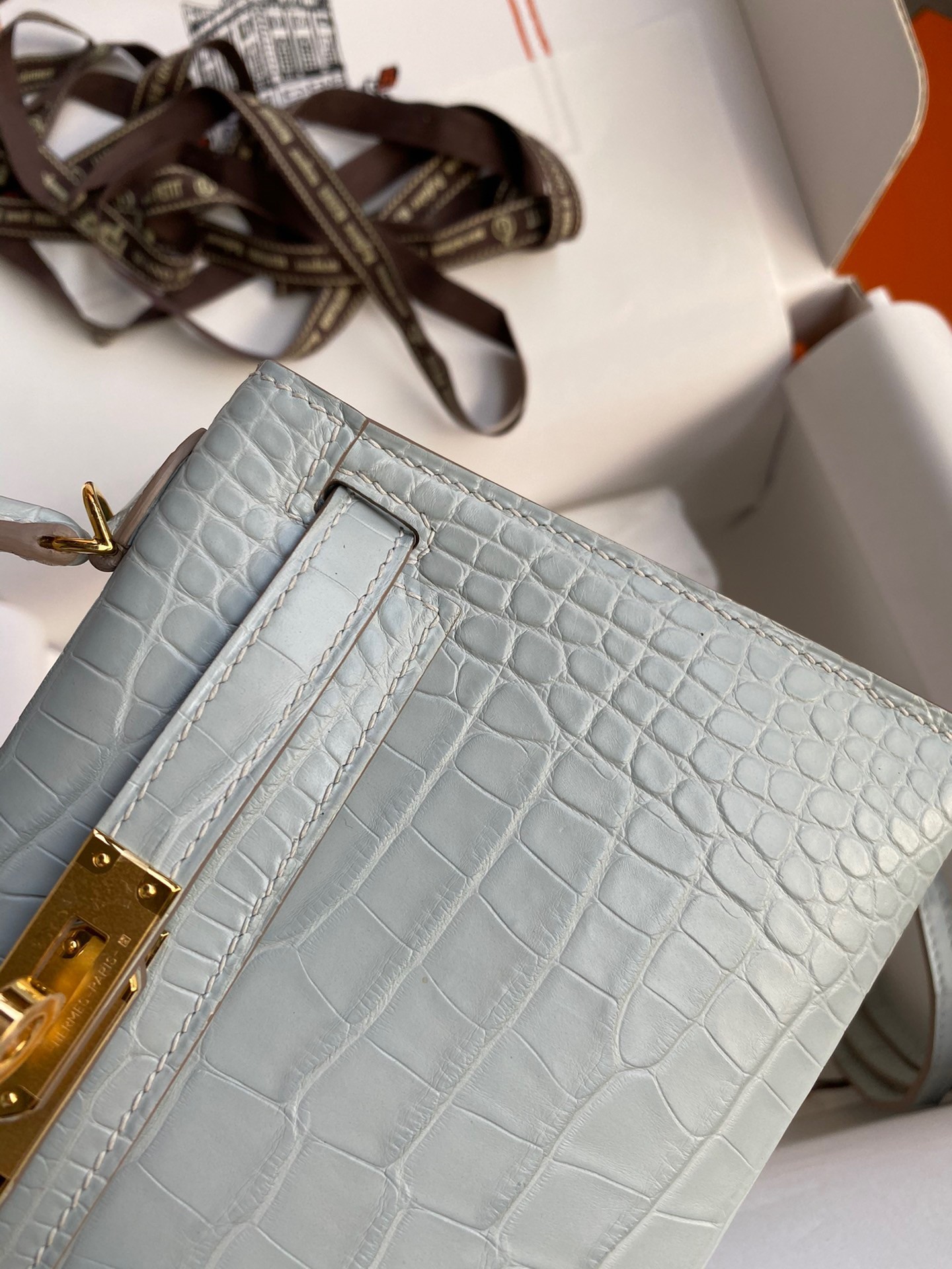 H**mes kelly mini ii sellier handmade bag in blue glacier matte alligator leather