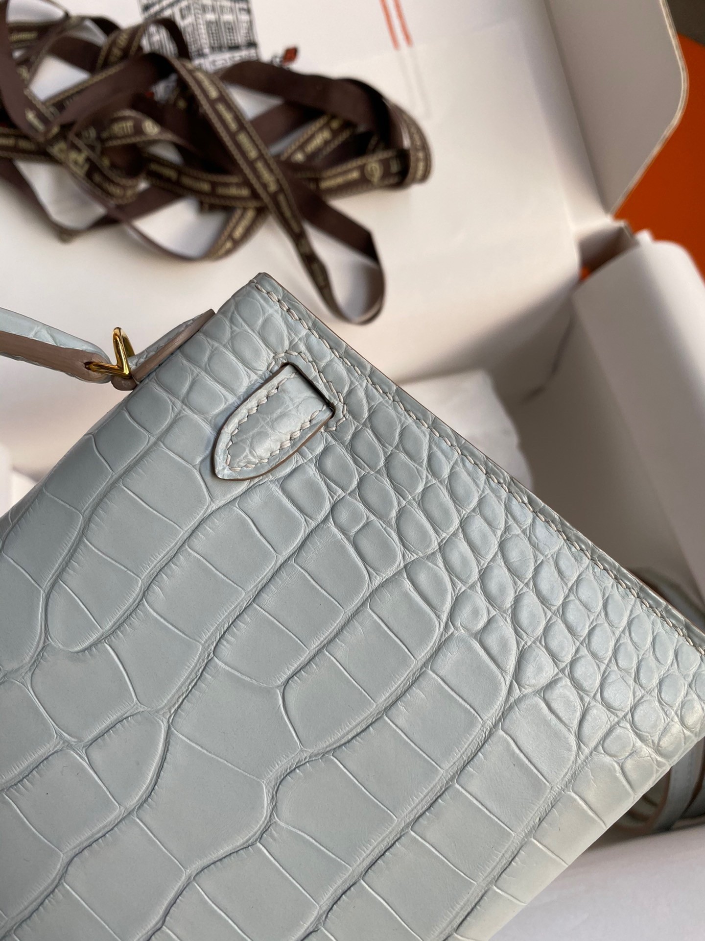 H**mes kelly mini ii sellier handmade bag in blue glacier matte alligator leather