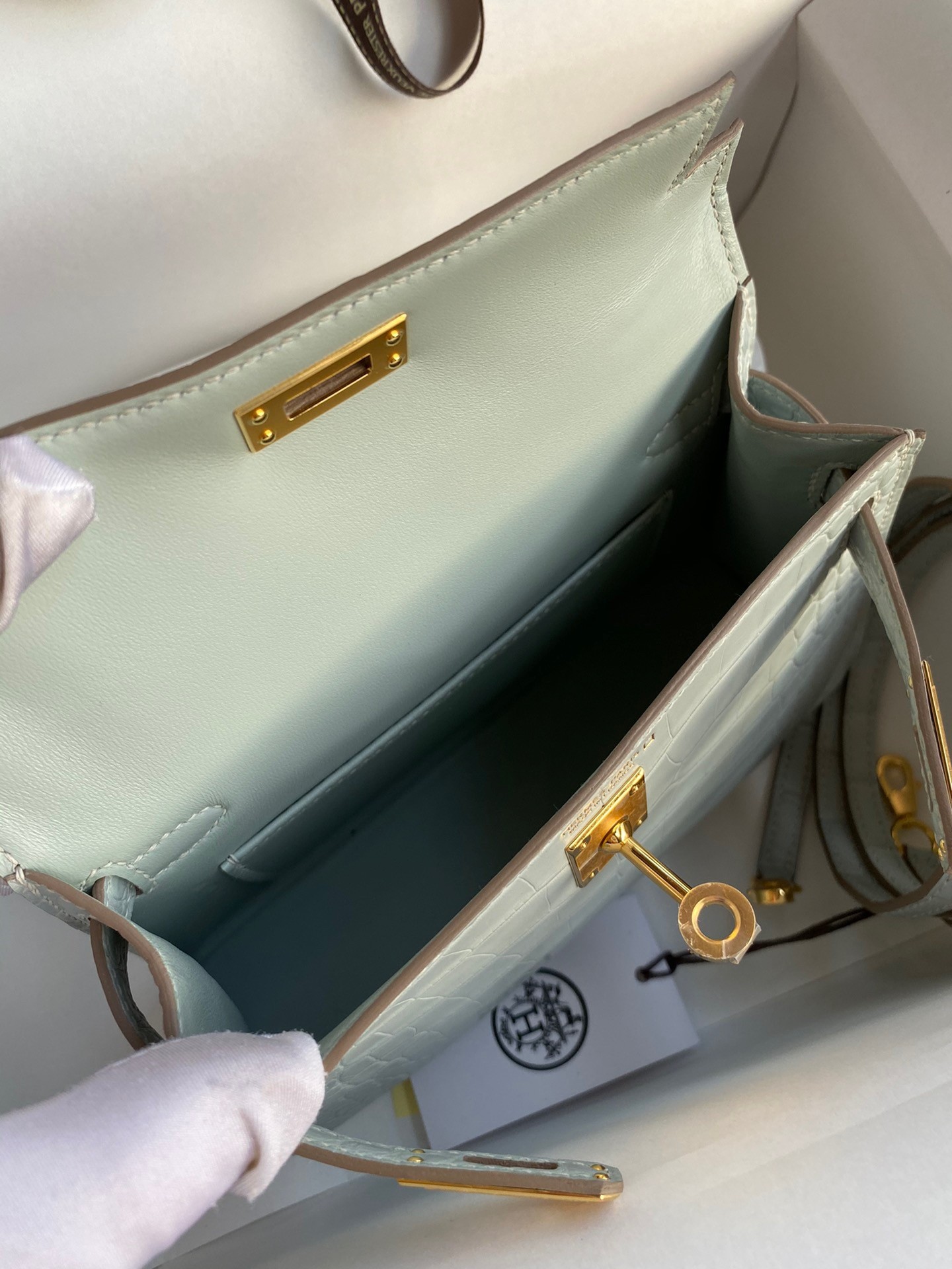 H**mes kelly mini ii sellier handmade bag in blue glacier matte alligator leather