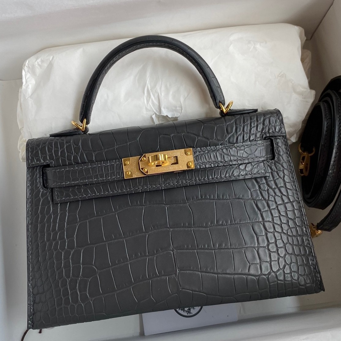 H**mes kelly mini ii sellier handmade bag in graphite matte alligator leather