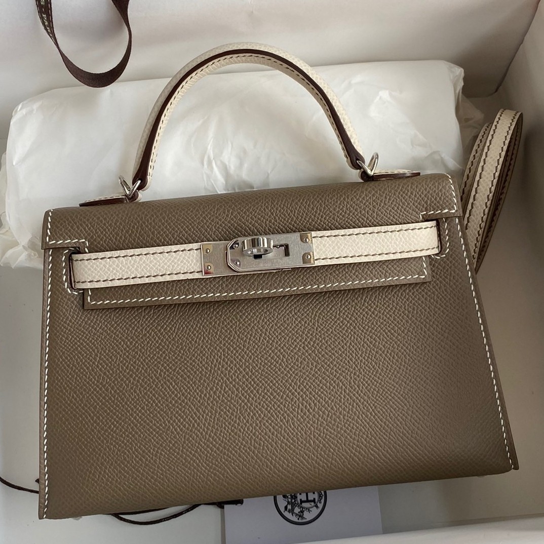 H**mes kelly mini ii sellier bicolor handmade bag in taupe and craie epsom calfskin