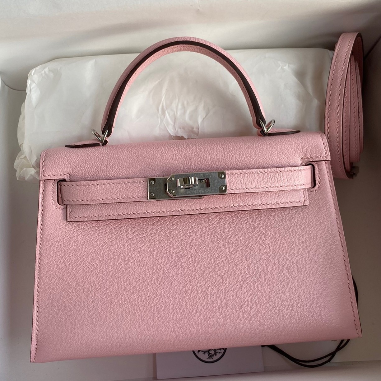 H**mes kelly mini ii sellier handmade bag in rose sakura chevre mysore leather
