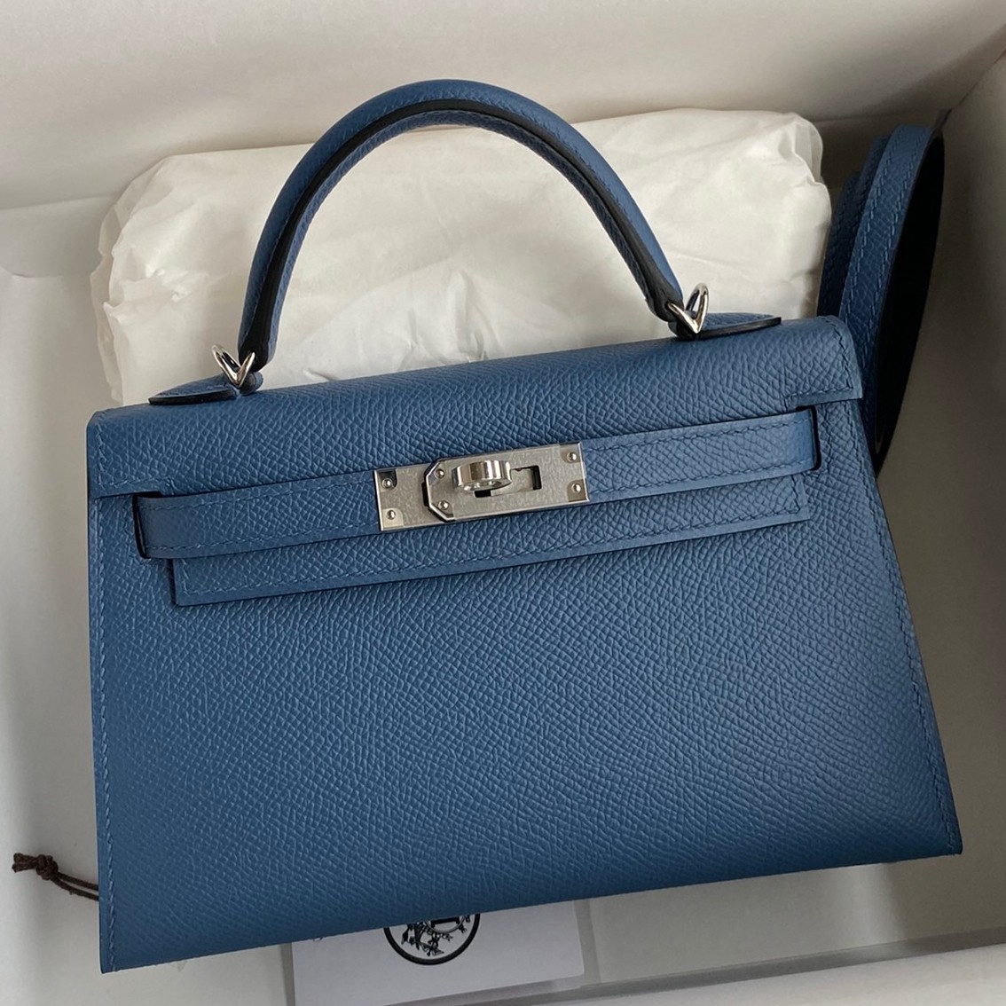 H**mes kelly mini ii sellier handmade bag in blue agate epsom calfskin