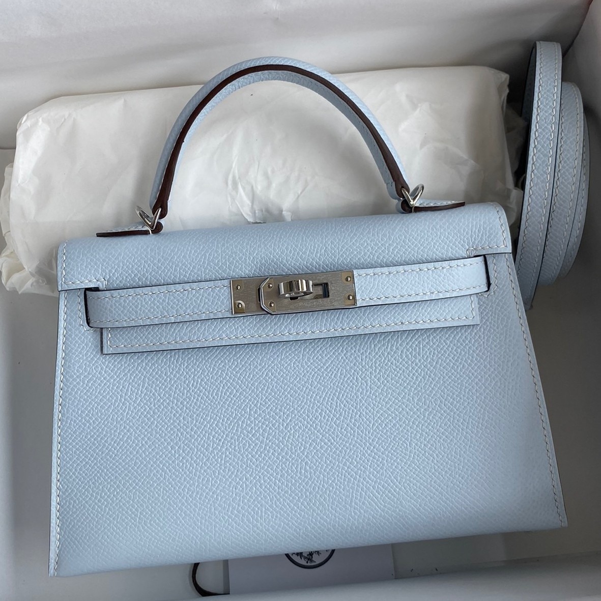 H**mes kelly mini ii sellier handmade bag in blue brume epsom calfskin