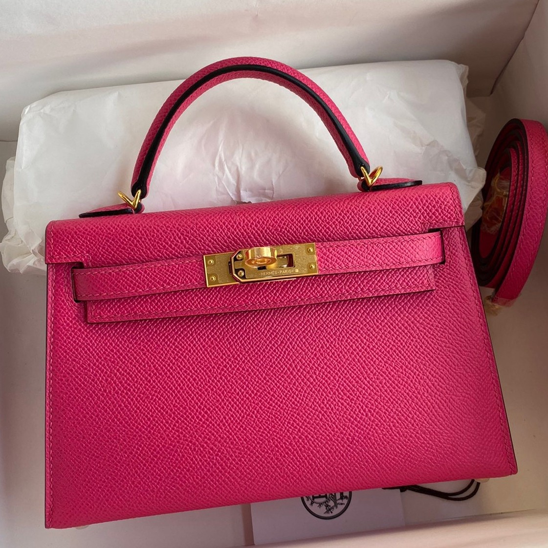 H**mes kelly mini ii sellier handmade bag in rose red epsom calfskin