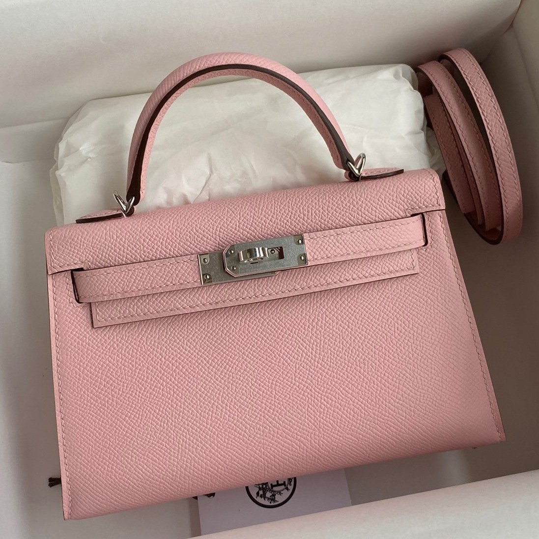 H**mes kelly mini ii sellier handmade bag in rose sakura epsom calfskin