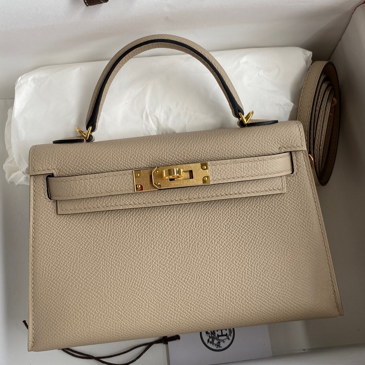 H**mes kelly mini ii sellier handmade bag in trench epsom calfskin
