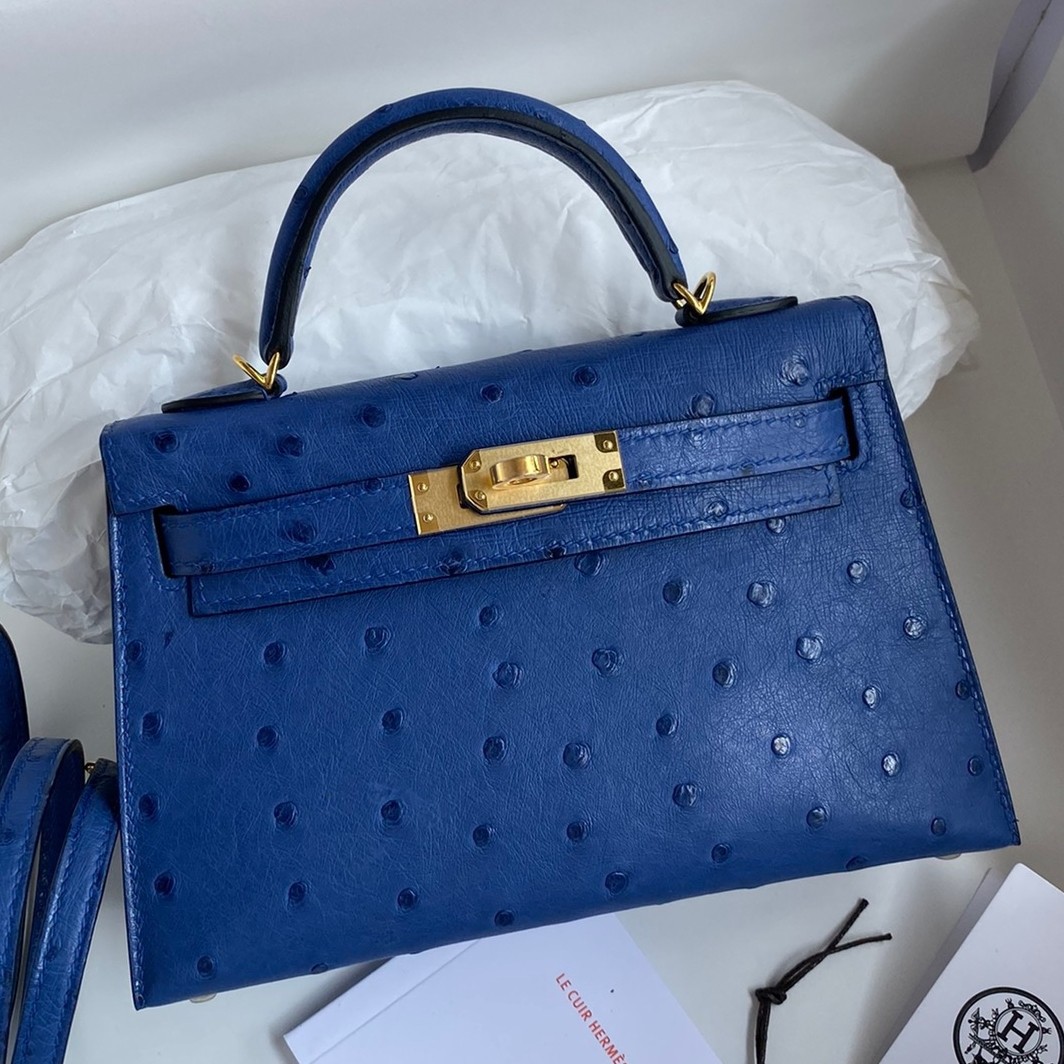 H**mes kelly mini ii sellier handmade bag in blue electric ostrich leather
