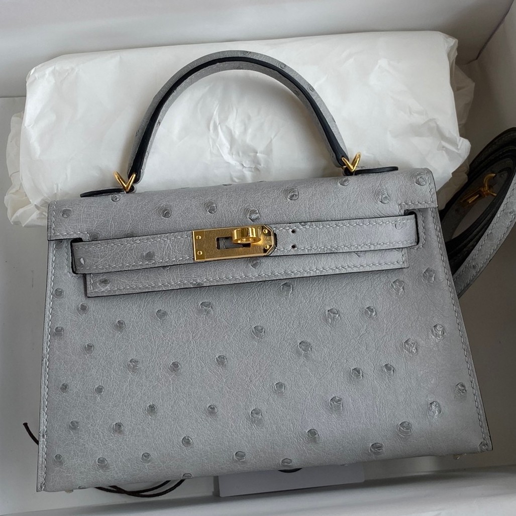H**mes kelly mini ii sellier handmade bag in bleu glacier ostrich leather
