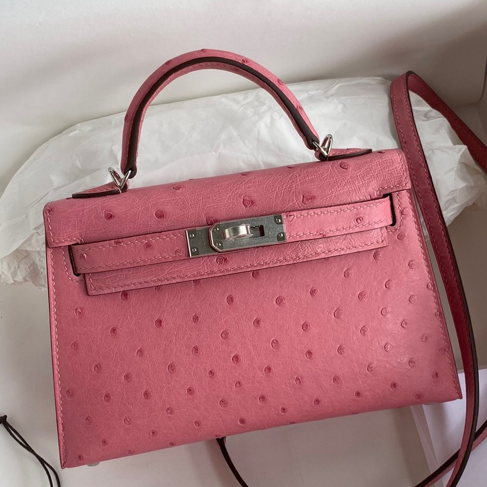 H**mes kelly mini ii sellier handmade bag in bubblegum ostrich leather