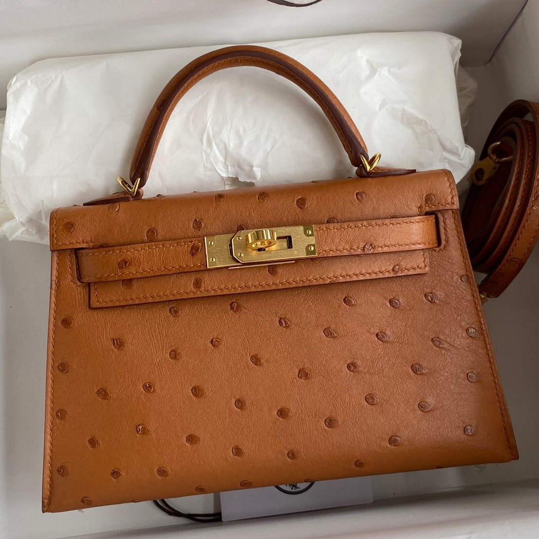 H**mes kelly mini ii sellier handmade bag in gold ostrich leather