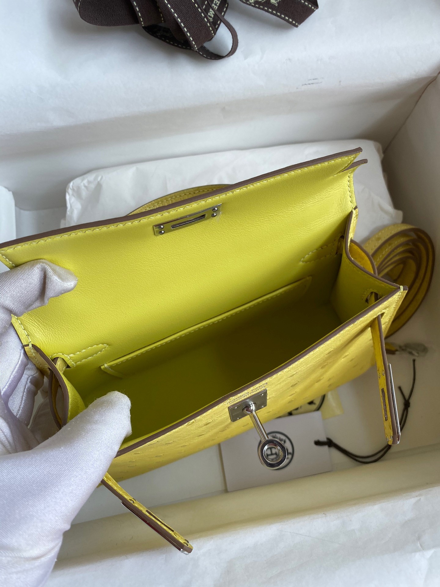 H**mes kelly mini ii sellier handmade bag in lime ostrich leather