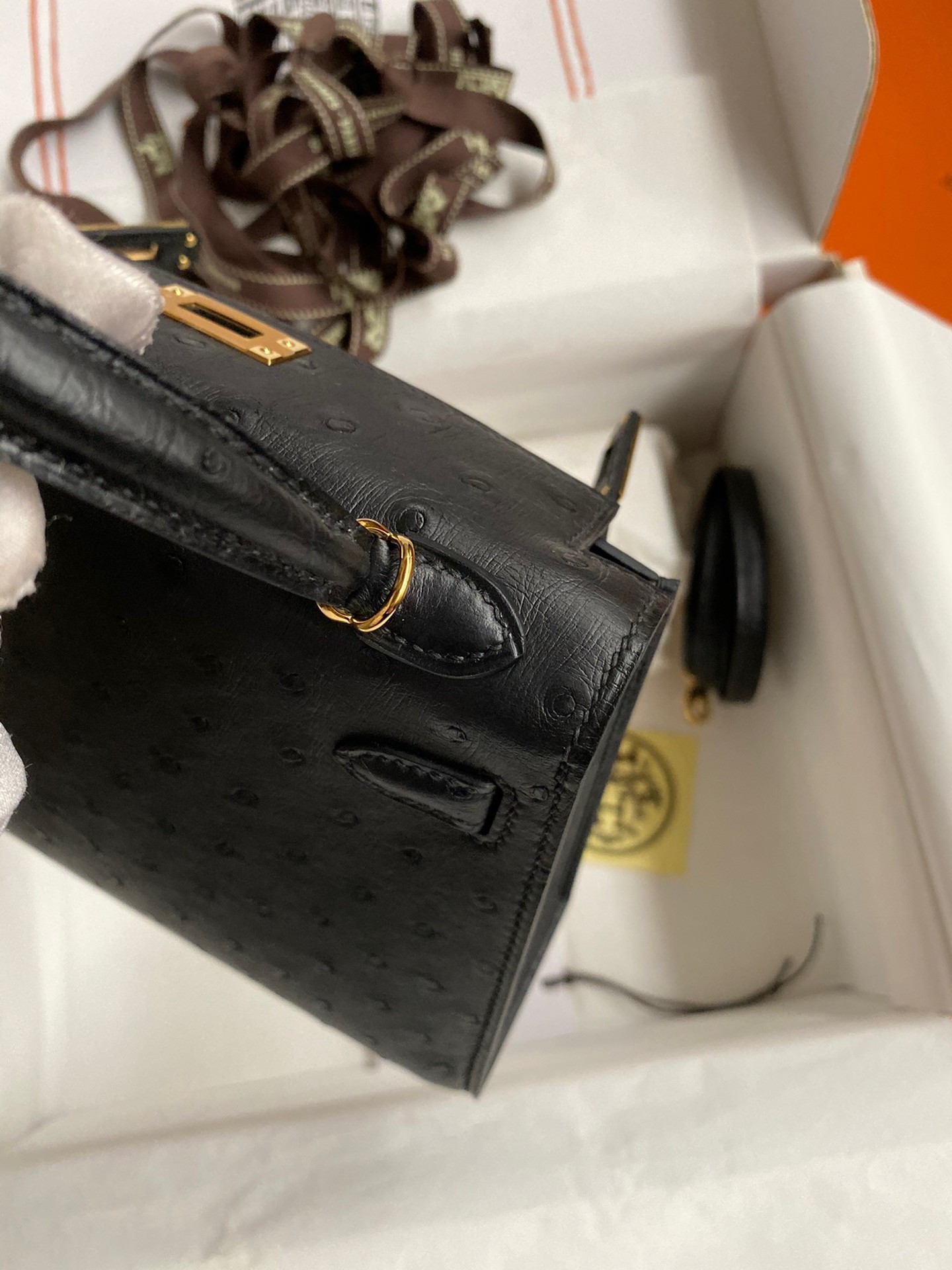 H**mes kelly mini ii sellier handmade bag in black ostrich leather