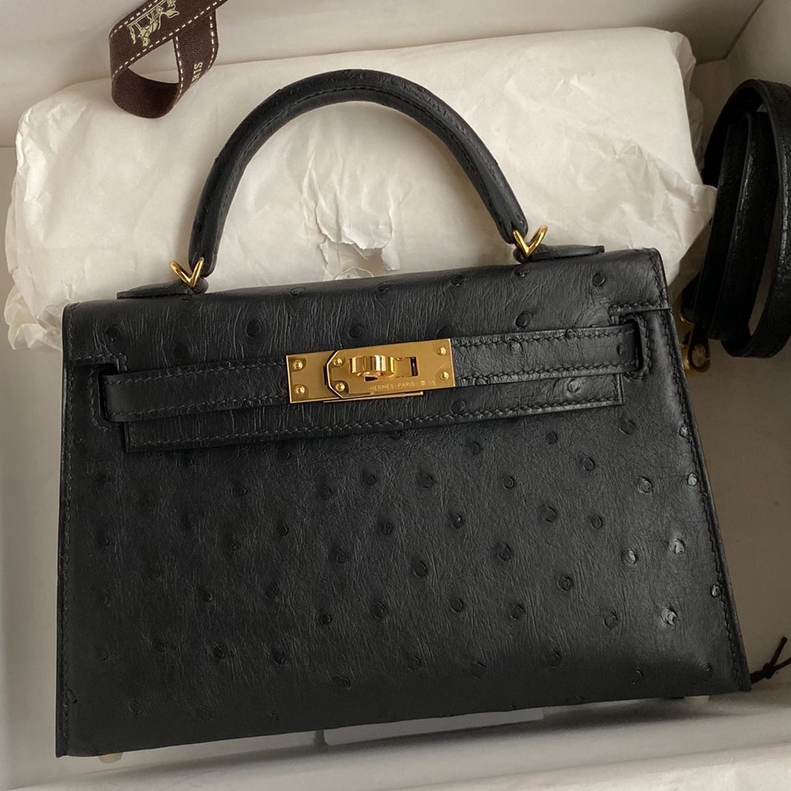 H**mes kelly mini ii sellier handmade bag in black ostrich leather