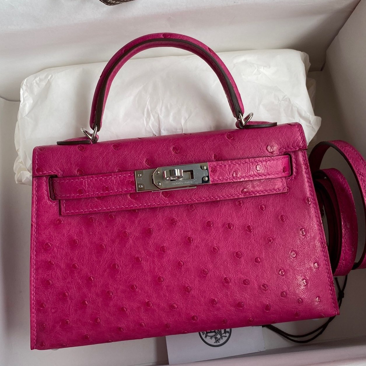 H**mes kelly mini ii sellier handmade bag in rose red ostrich leather