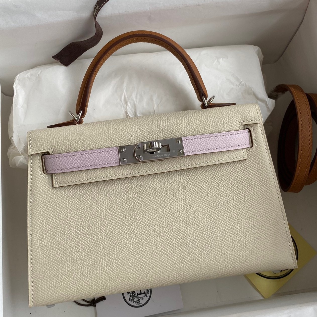 H**mes hss kelly mini ii sellier tri-color bag in craie/pink/gold epsom calfskin