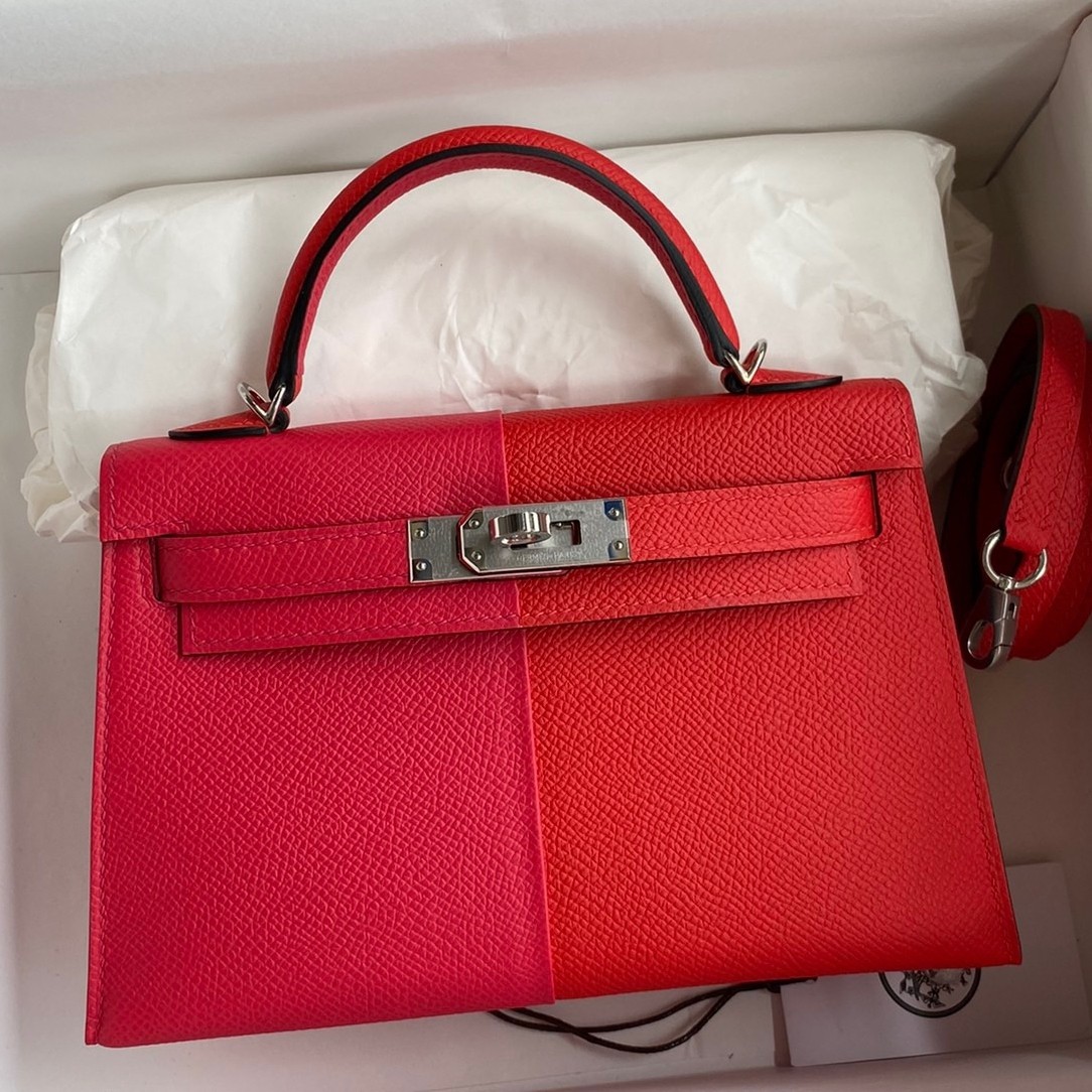 H**mes kelly mini ii sellier tri-color bag in red/rose extreme/blue epsom calfskin