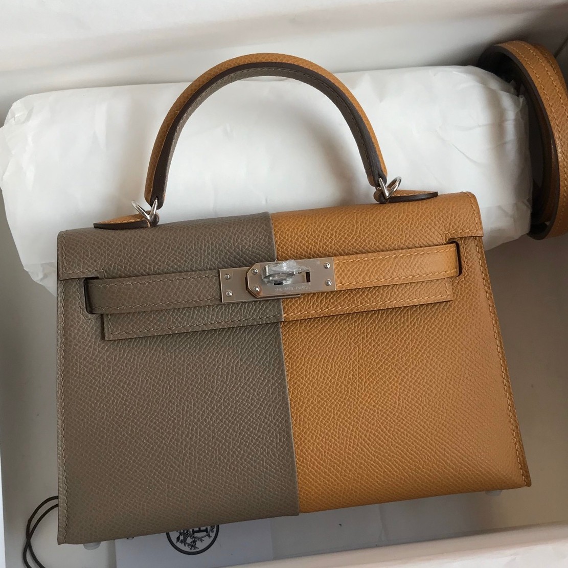H**mes kelly mini ii sellier tri-color bag in taupe/sesame/blue nuit epsom calfskin