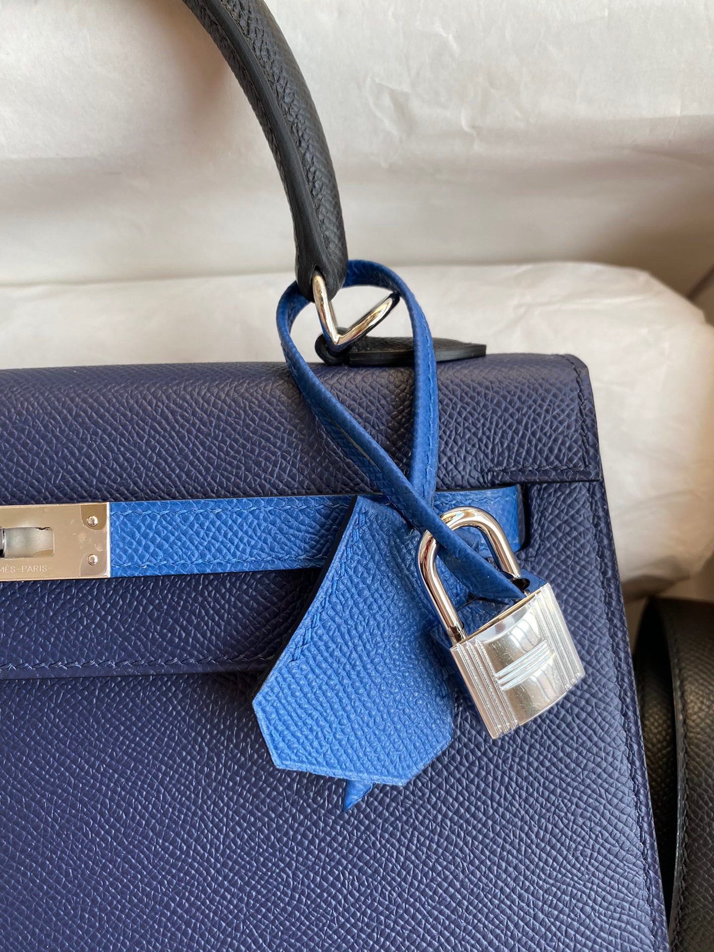 H**mes kelly sellier 25 bicolor bag in blue saphir and blue france epsom calfskin