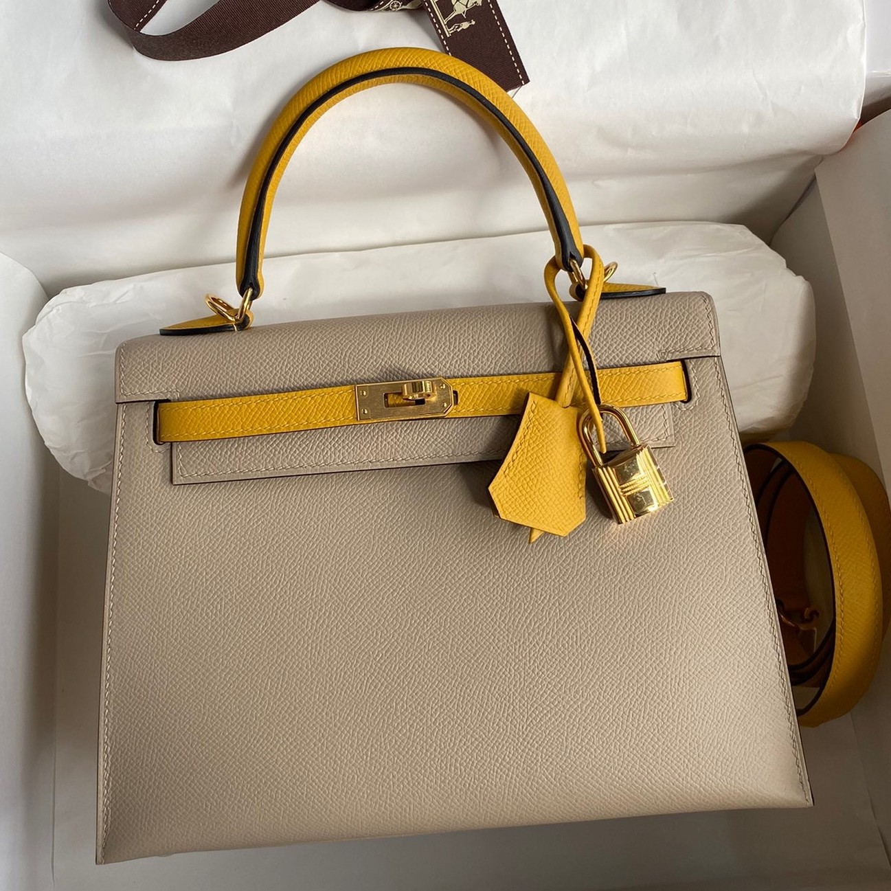H**mes kelly sellier 25 bicolor bag in trench and yellow epsom calfskin