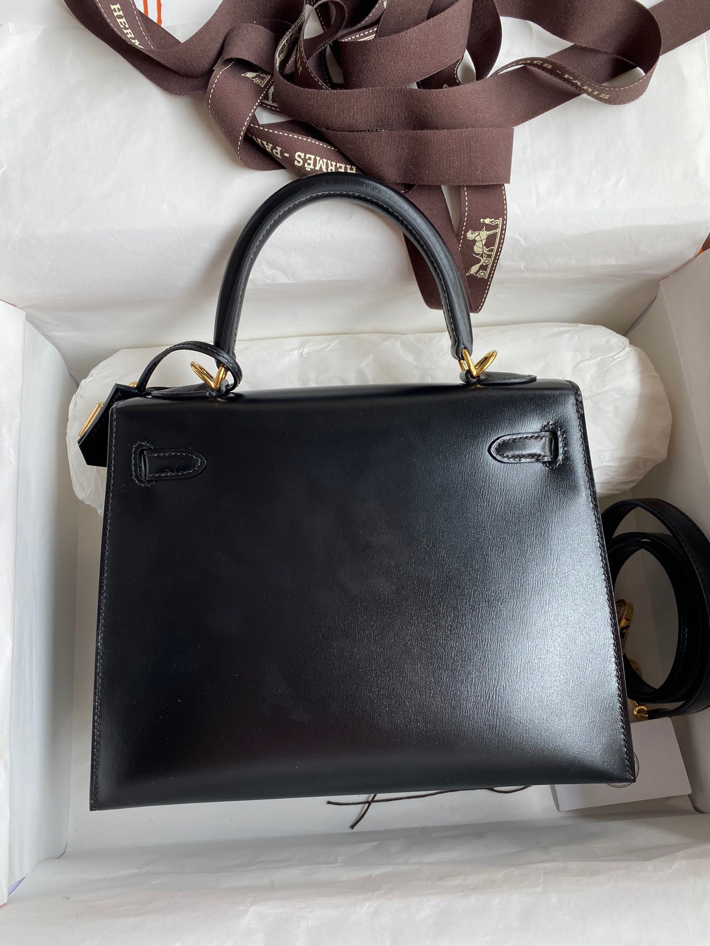 H**mes kelly sellier 25 handmade bag in black box calfskin