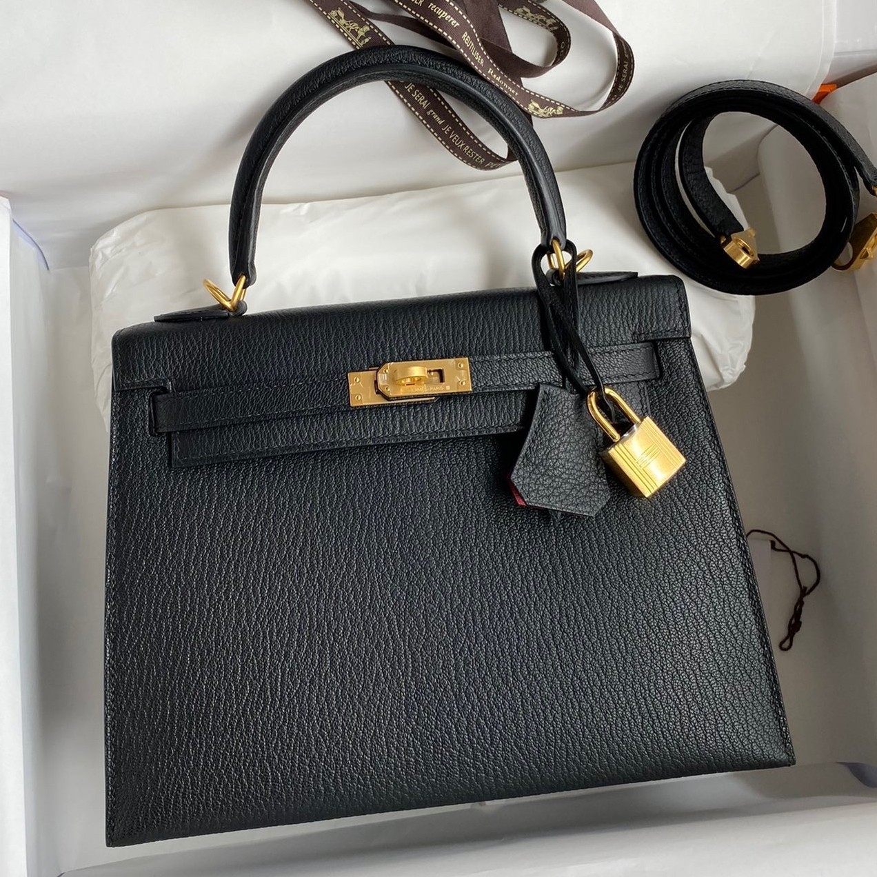 H**mes kelly sellier 25 handmade bag in black mysore goatskin