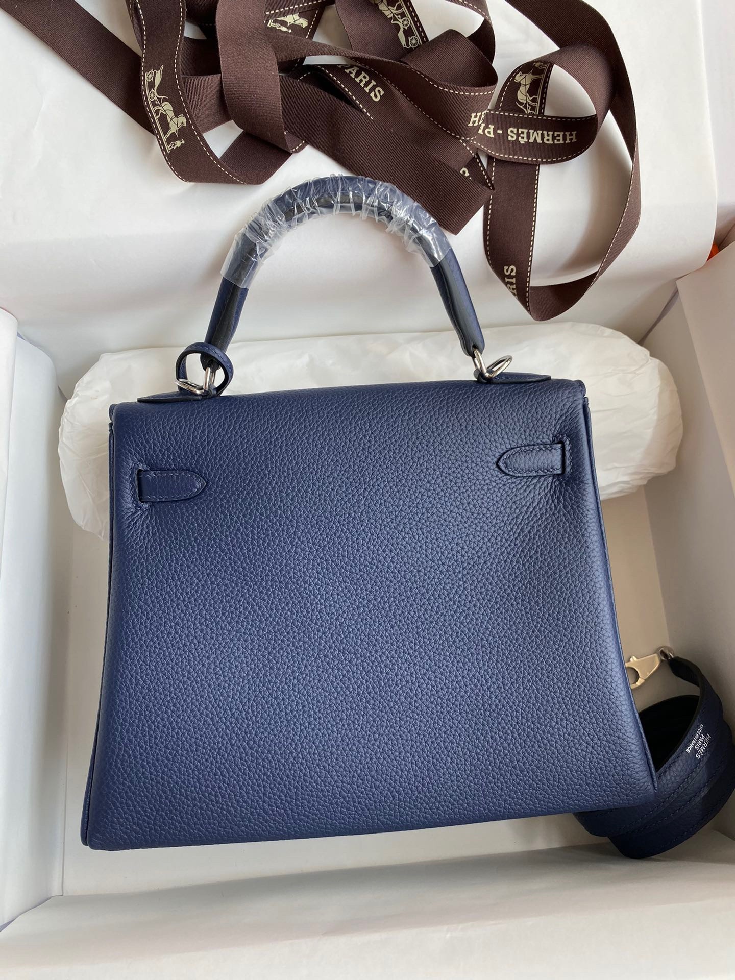 H**mes kelly retourne 25 handmade bag in blue saphir clemence leather