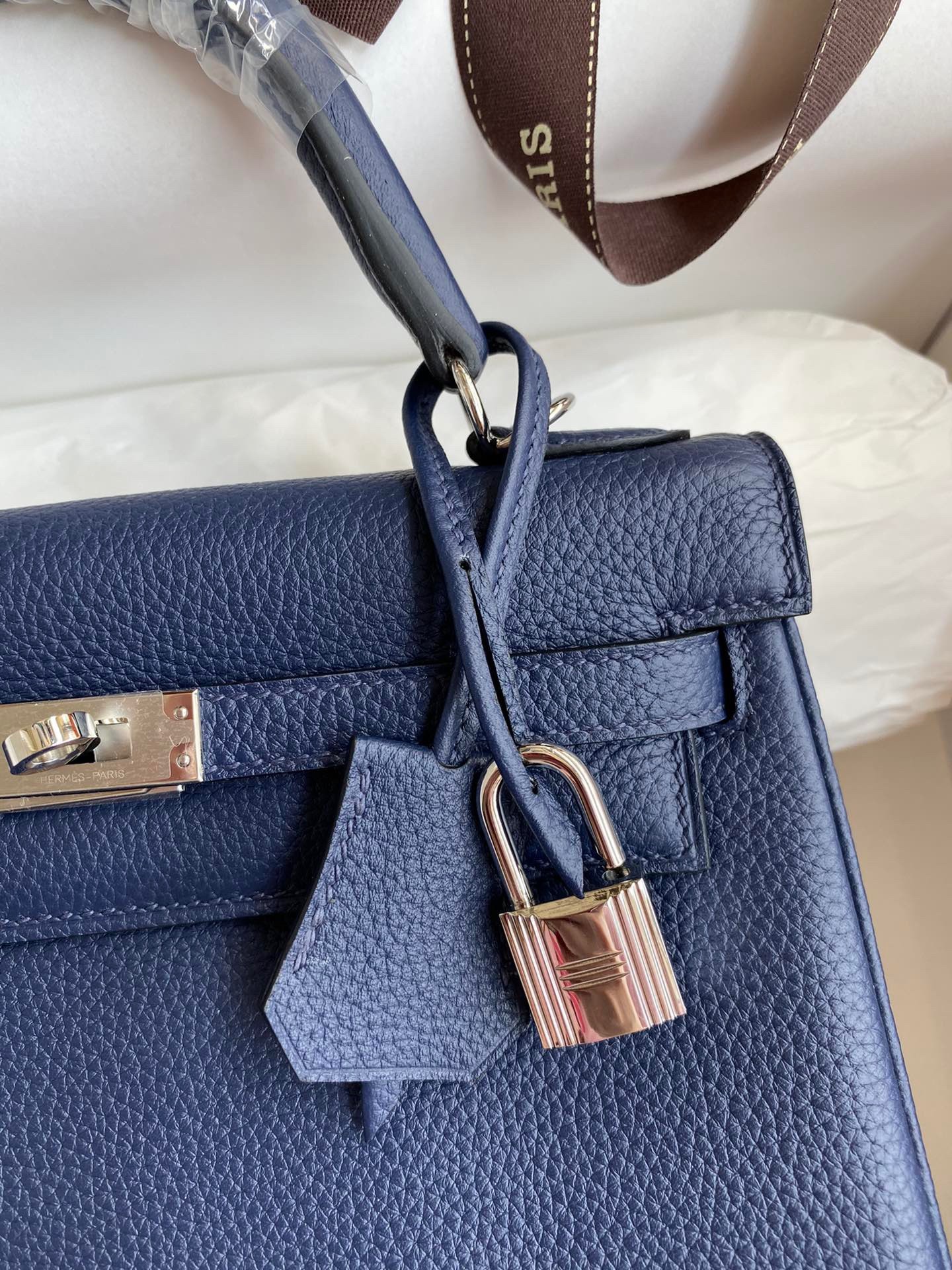 H**mes kelly retourne 25 handmade bag in blue saphir clemence leather