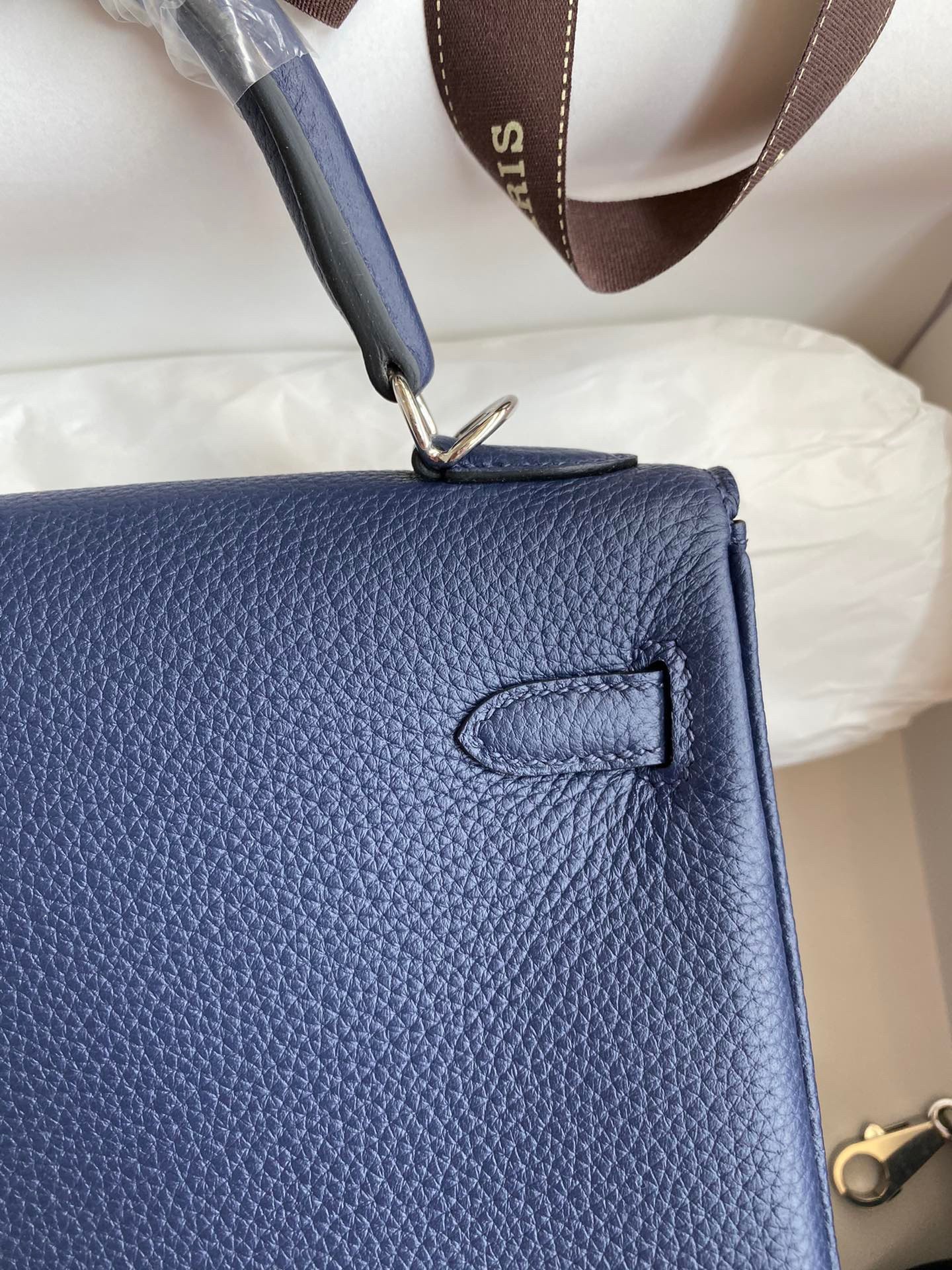 H**mes kelly retourne 25 handmade bag in blue saphir clemence leather