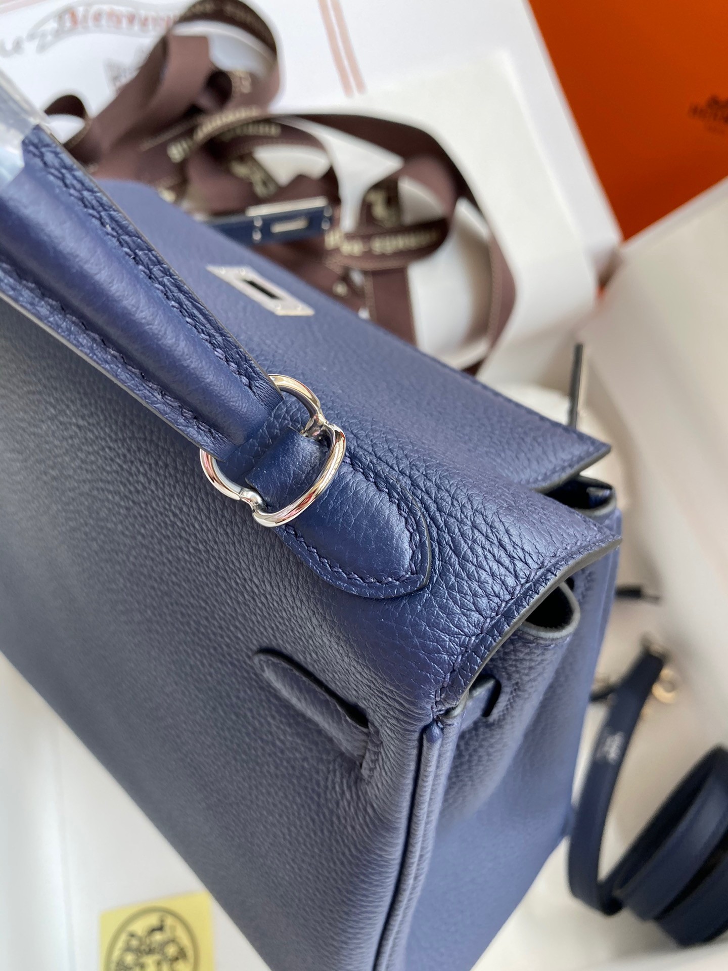 H**mes kelly retourne 25 handmade bag in blue saphir clemence leather
