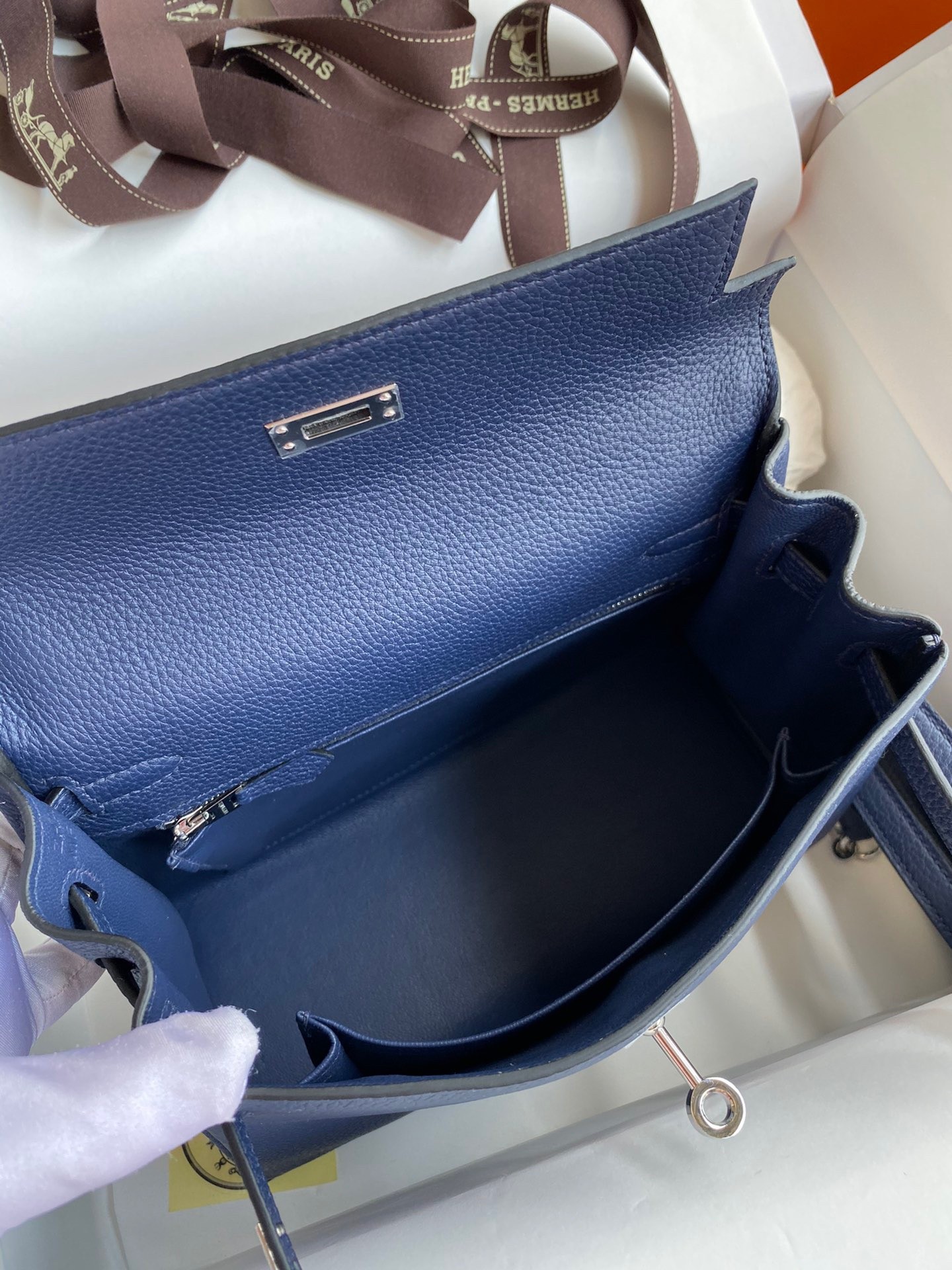 H**mes kelly retourne 25 handmade bag in blue saphir clemence leather