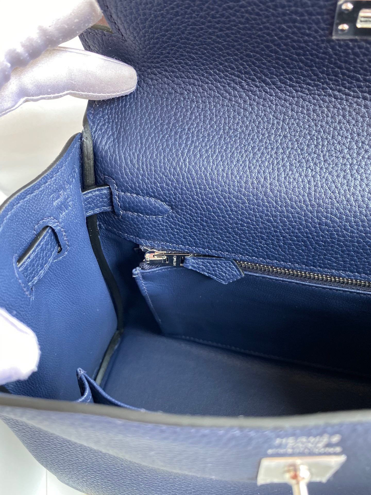 H**mes kelly retourne 25 handmade bag in blue saphir clemence leather