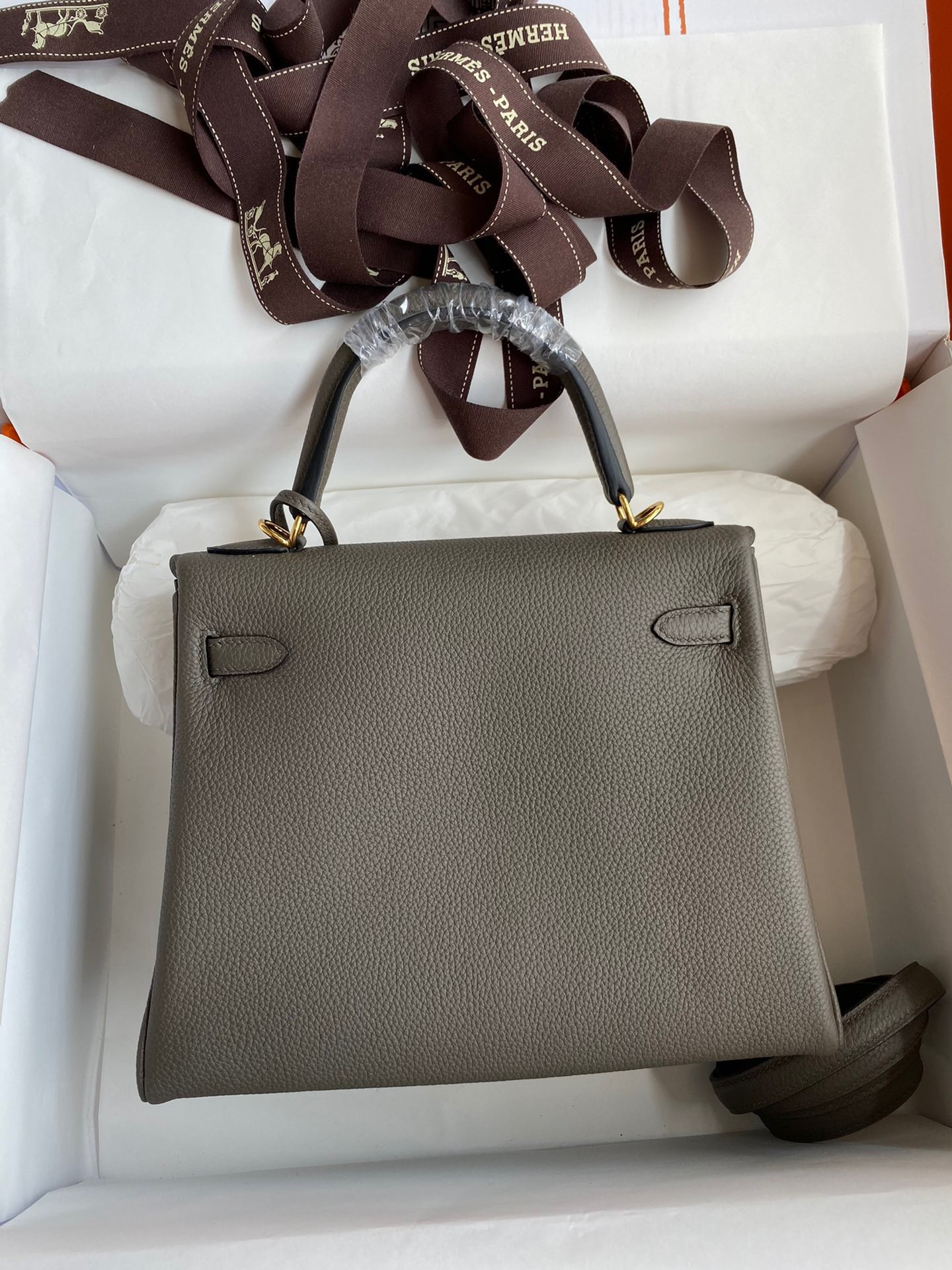 H**mes kelly retourne 25 handmade bag in etain clemence leather