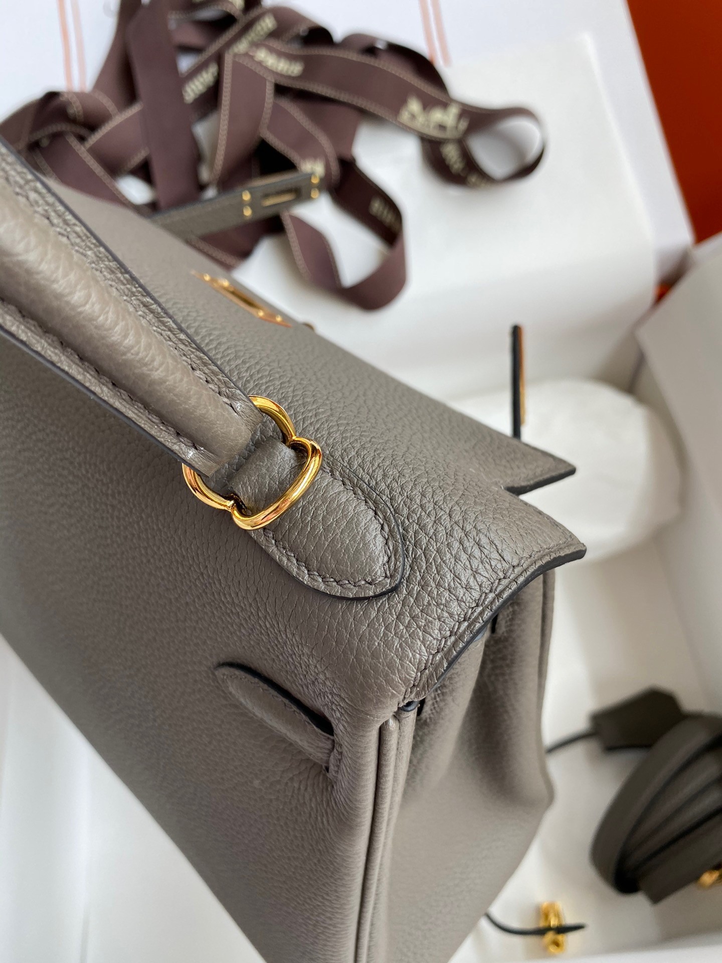H**mes kelly retourne 25 handmade bag in etain clemence leather