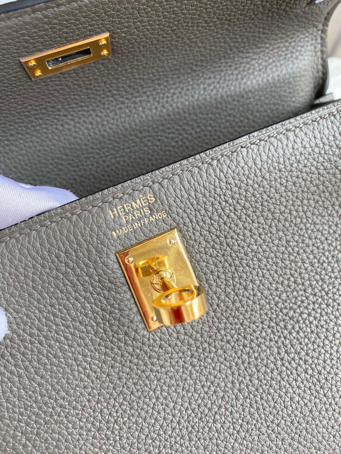 H**mes kelly retourne 25 handmade bag in etain clemence leather