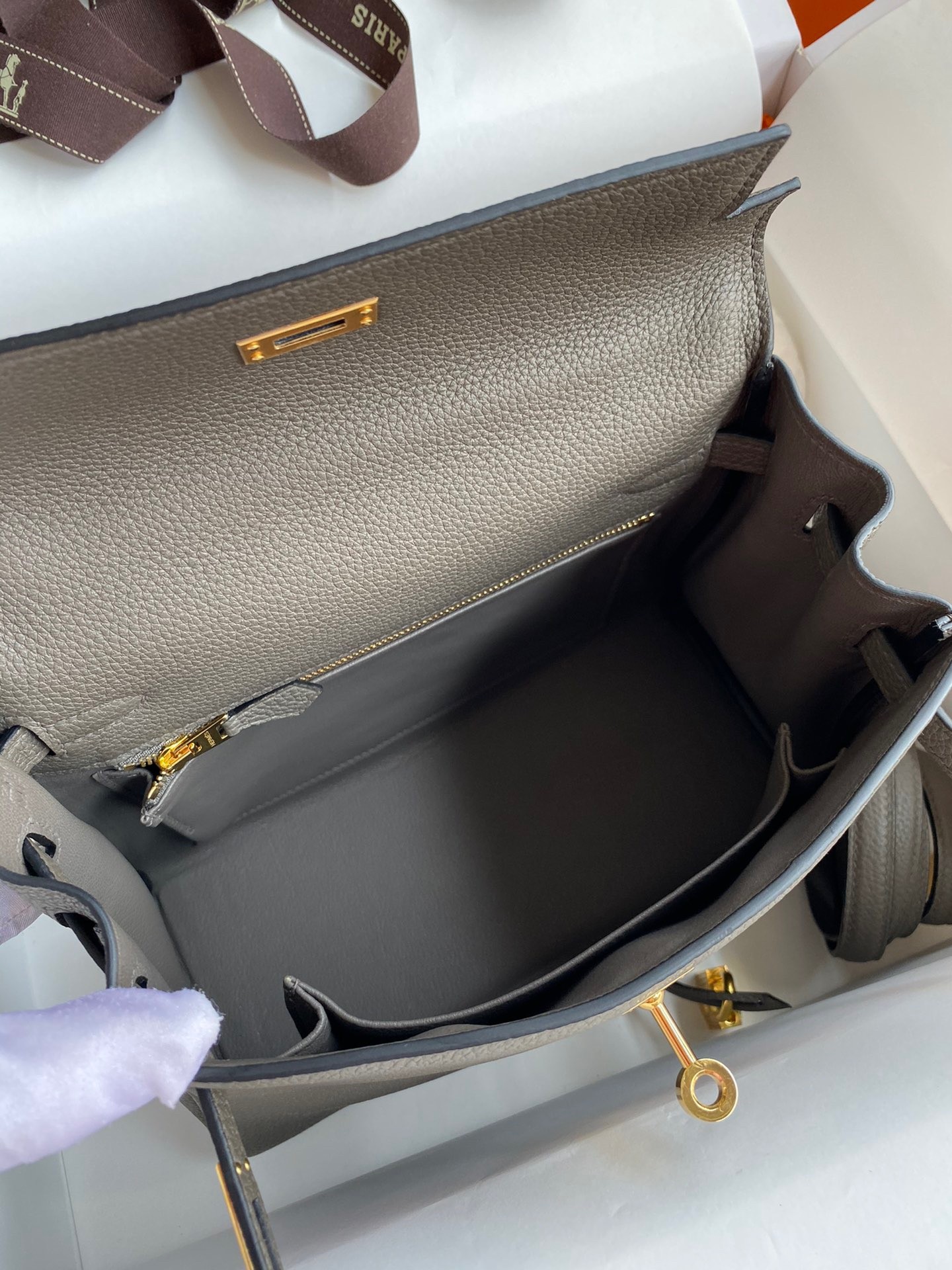 H**mes kelly retourne 25 handmade bag in etain clemence leather